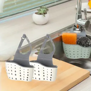 Set of 2 Adjustable Snap-On Sink Caddy Basket Traditional Double Hanging Soap Sponge Holder With Drain Holes Wall Mounted Kitchen Storage Organizer For Bathroom