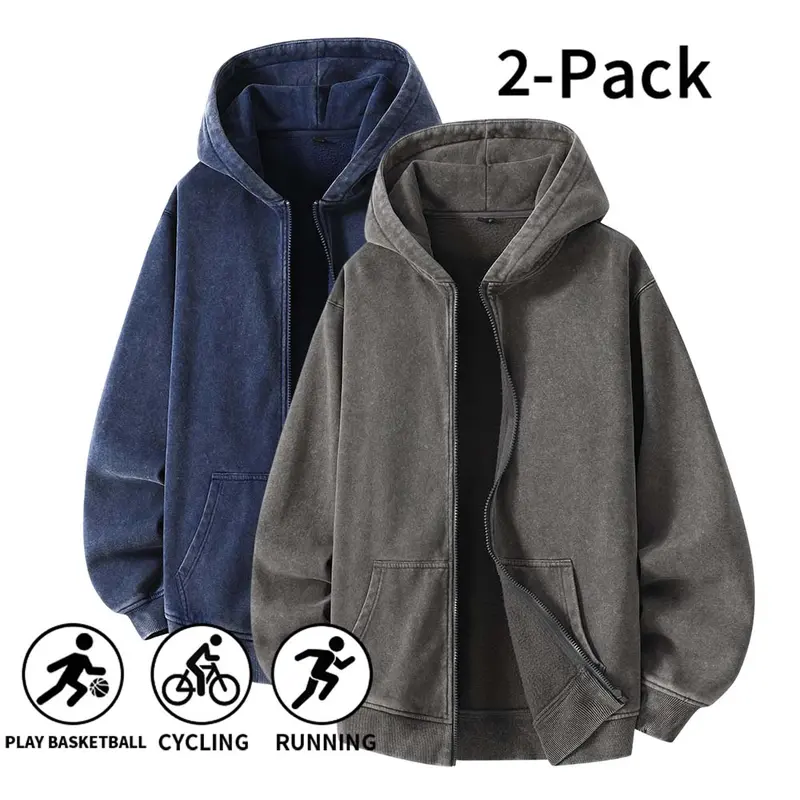 Men’s 2‑Pack Cotton‑Blend Washed Vintage Zip‑Up Hoodies, Oversized Loose Fall Winter Jackets for Teen Boys & Young Adults, Fleece‑Lined Hooded Tops for Streetwear, Hanging‑Out & Daily Commute