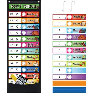 Daily Schedule Pocket Chart Kit,40 Bright Attractive Double-Sided Reusable Erasable Cards,1 Title Card,13+1 Scheduling Pocket Chart with 2 Hangers for Classroom Office Home Preschool Learning (Black)