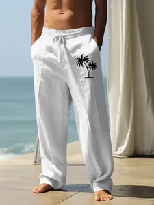 Men's Cartoon Palm Tree Print Wide Leg Pants, Loose Casual Comfy Breathable Straight Leg Trousers for Summer, Men's Bottoms for Daily Wear, Short, Chic Boho Trousers