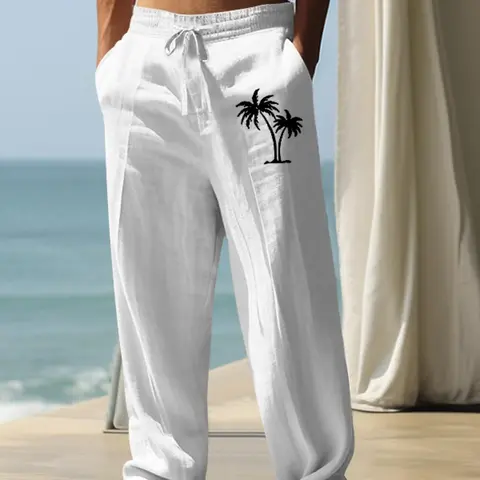 Men's Cartoon Palm Tree Print Wide Leg Pants, Loose Casual Comfy Breathable Straight Leg Trousers for Summer, Men's Bottoms for Daily Wear, Short, Chic Boho Trousers, Bohemian Trousers, Casual Street Style, Breathable Summer Streetwear