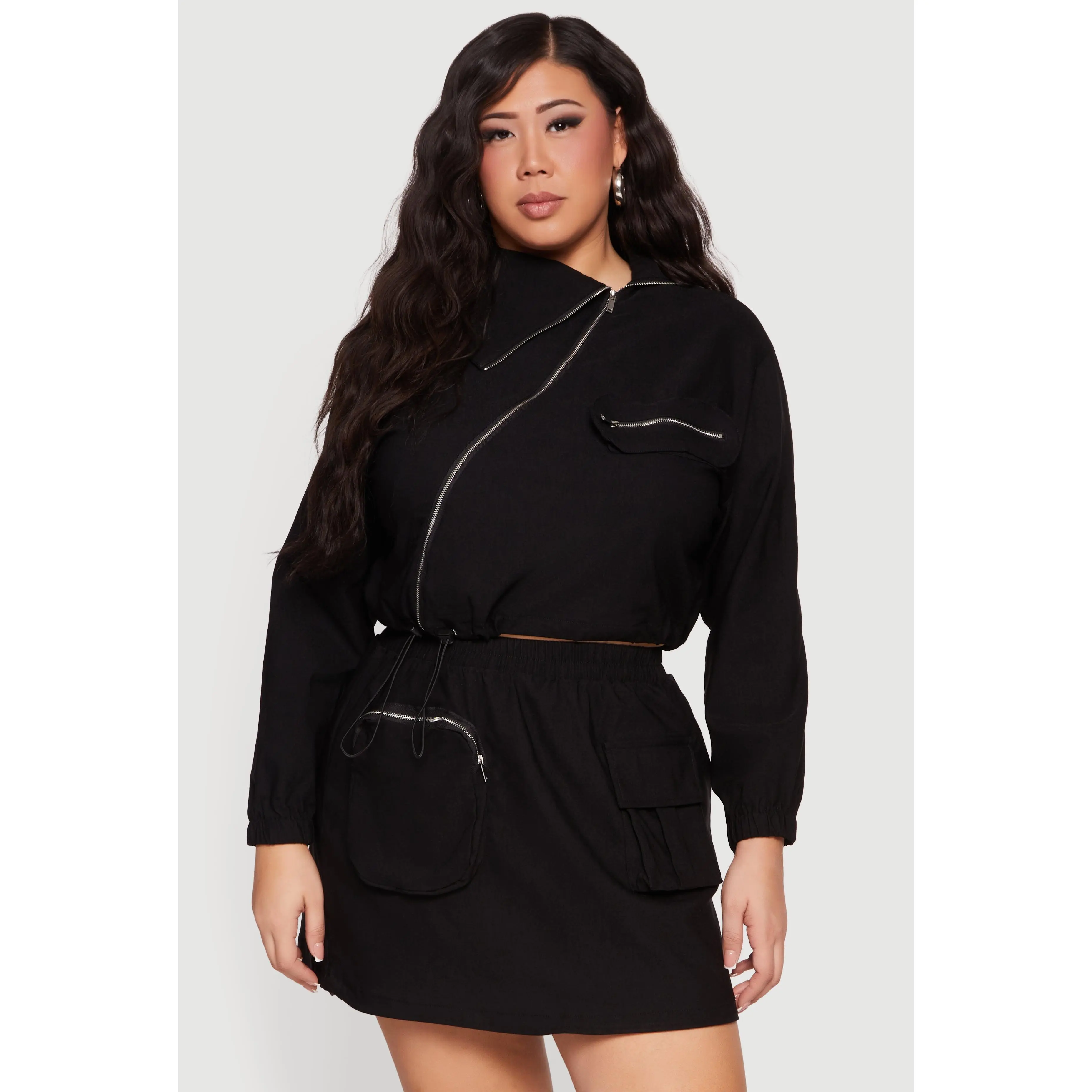 Plus Size Hunter Camo Zip Front Drawstring Hem Jacket