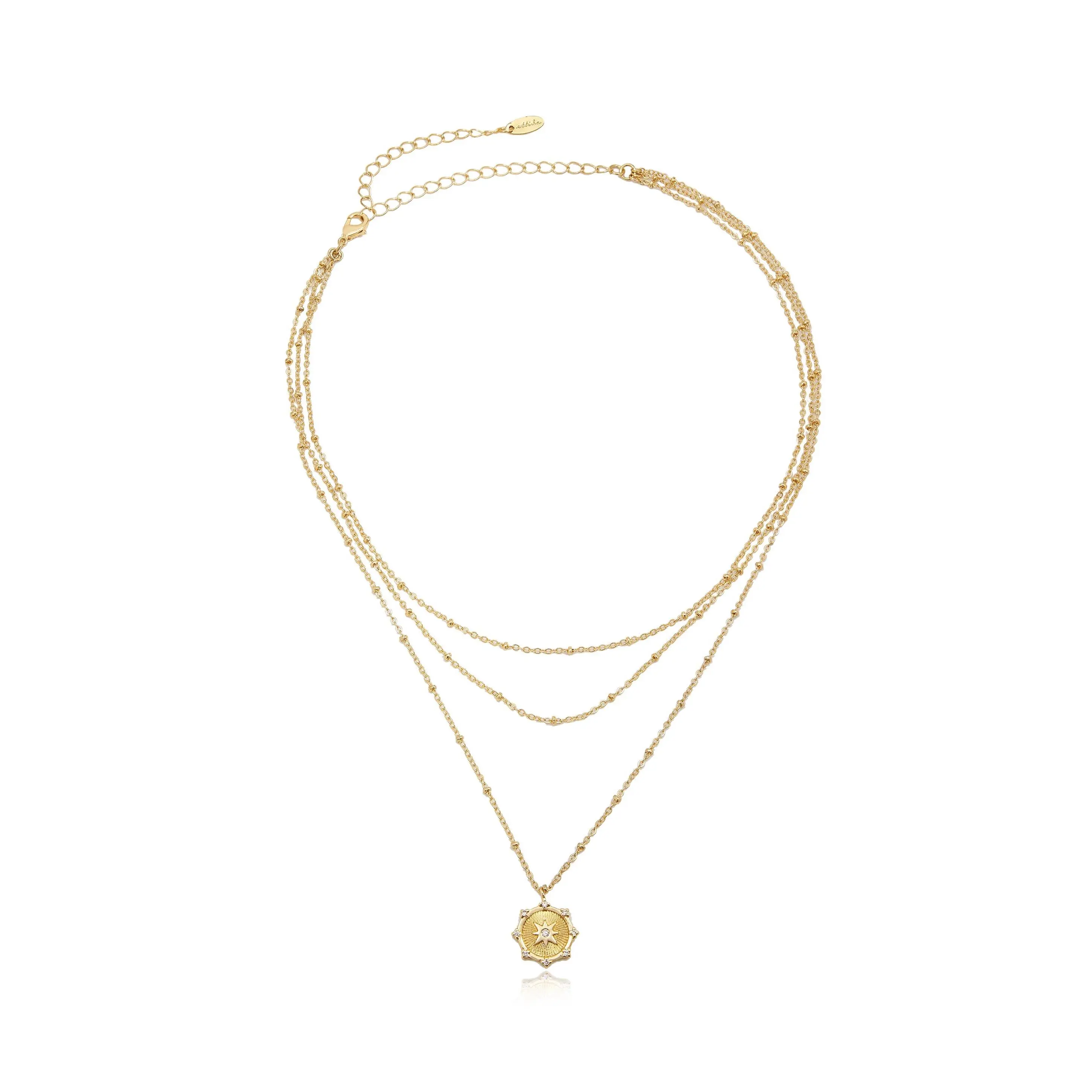 Compass Keepsake Layered Necklace – 18K Gold Plated Multi-Layer Necklace for Women, Brass & Glass Pendant, Adjustable 14–17” + 5” Extender, Trendy Statement Jewelry