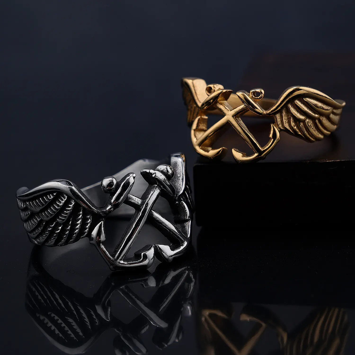 2026 New Punk Unisex Titanium Steel Ring - Nautical Theme, Anchor Wings Geometric Niche Design, Manually Measured Everyday Wear Costume Jewelry for Adults