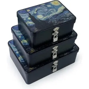M L Metal Box Starry Night Pattern Decoration Storage Box - Metal Thin Art Box Organizer with Lock, Ideal Gift for Friends Mother Father (2 Pieces/Large Medium)