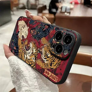 Phone case with tiger pattern, featuring a fierce roaring tiger and vibrant background design, compatible with iPhone 16, 15, 14, 13, 12, and 11 Pro models. Made of TPU material with shockproof protection. It's an excellent gift