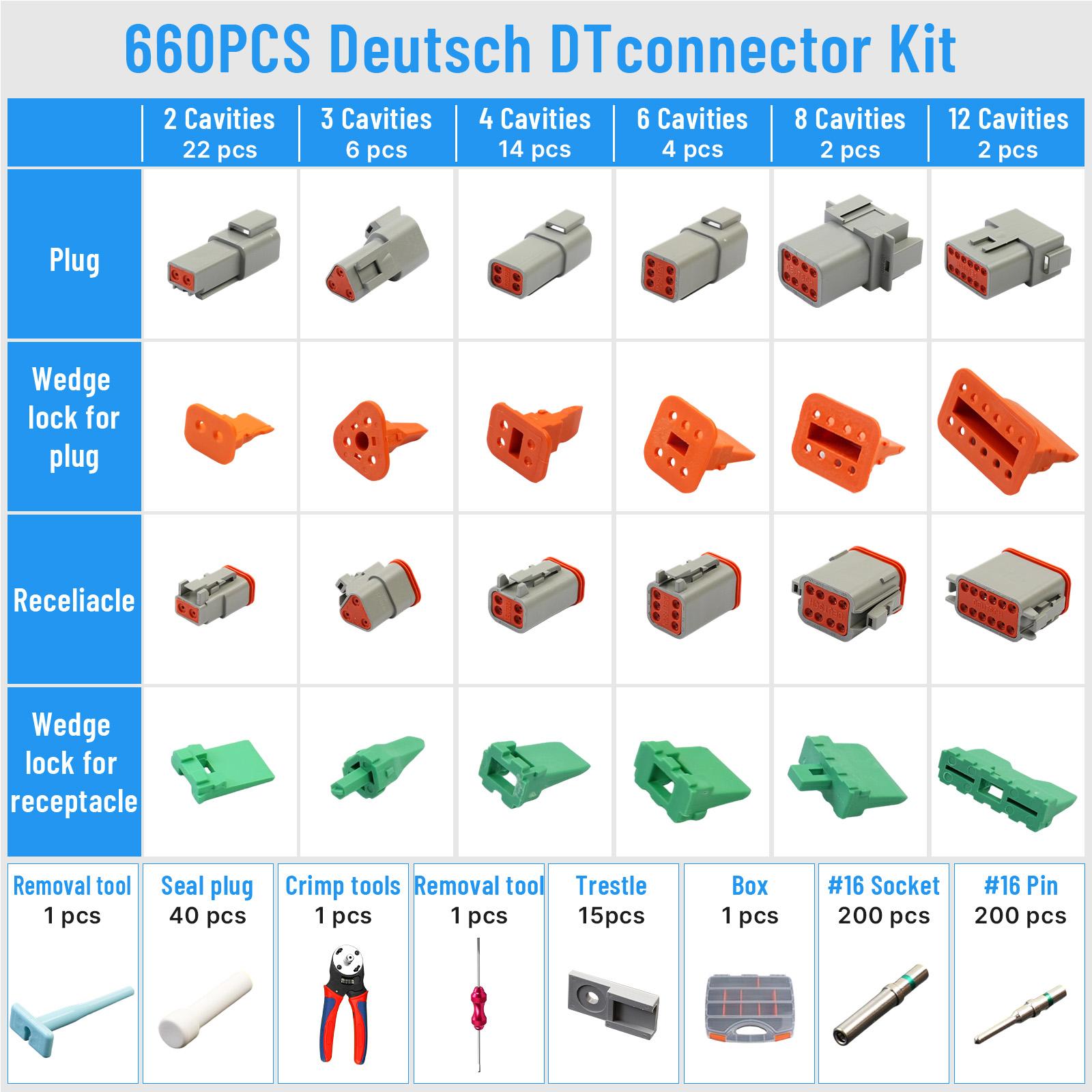 660Pcs Deutsch Connector Kit with Crimping Tools, Waterproof rating IP68 Deutsch Crimp Tool with 2/3/4/6/8/12 Pin DT Connectors, Size 14-20AWG Deutsch Pin Removal Tool