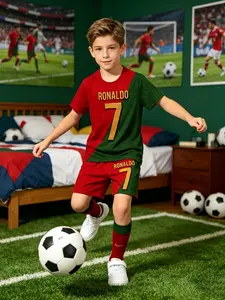 Boys' Ronaldo 7 Portugal Football Short Sleeve Set, Kids Fan Sports Casual Two-Piece, Loose-Fitting T-Shirt