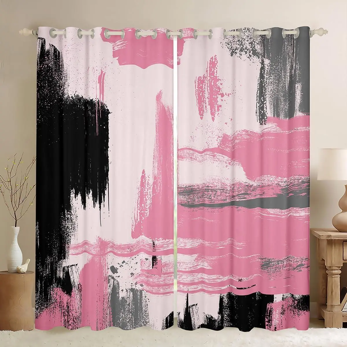 Pink and Black Abstract Blackout Curtains |Black and Pink Window Curtains Sets Women Geometric Modern Art Window Treatments Drapes Adults