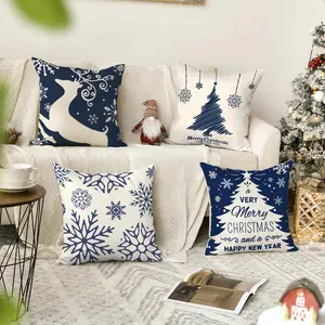 4pcs Navy Blue Christmas Pillowcases, Multi Form Snowflake Christmas Happy Single sided Printed Pillow Cover, Christmas Tree Elk Decorative Cushion Cover, Christmas Decoration, Home Decoration, Room Decoration, Christmas Decorations (without Pillow Core)