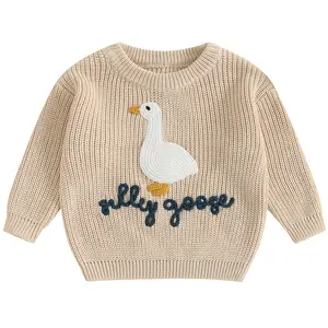 Toddler Baby Boy Girl Knit Sweater Silly Goose Embroidery Long Sleeve Pullover Chunky Knit Tops Sweatshirt Warm Fall Winter Clothes