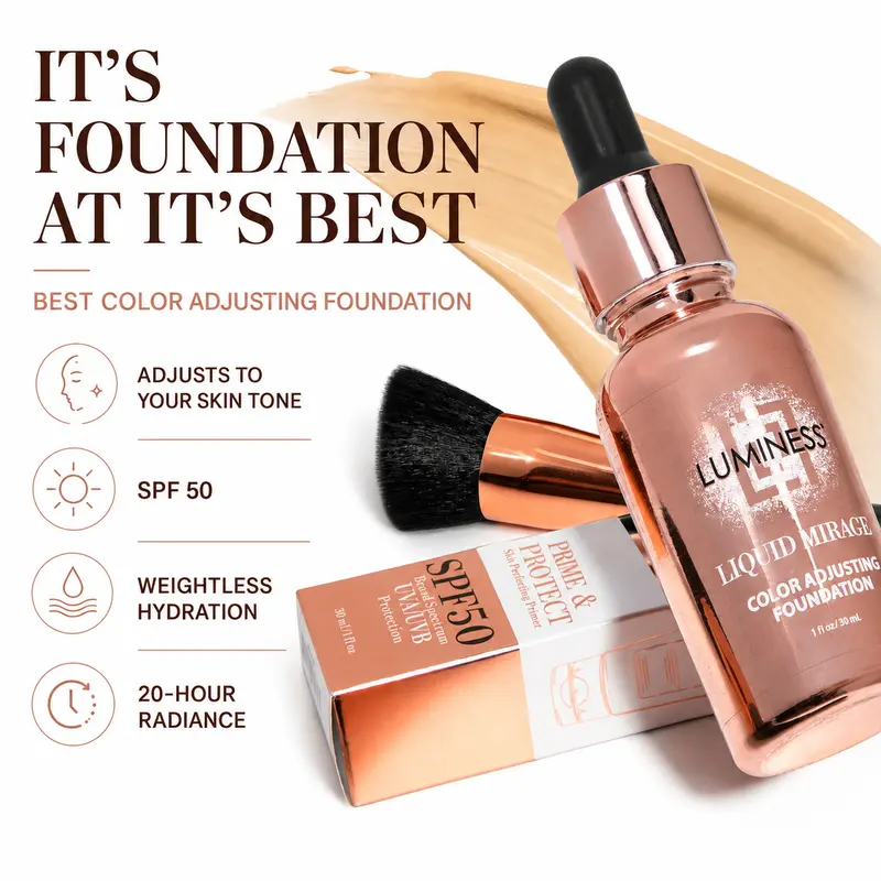 LUMINESS 3-PC Liquid Mirage Color Changing Foundation Cosmetic Kit - Buildable Makeup Coverage, Smoothing, Adaptable Formula for Adults’ Makeup Routine, Flawless Radiant Finish