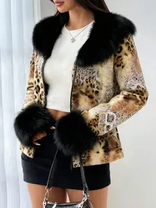 Women's Faux Fur Collar Leopard Print Zipper Hoodie Jacket, Y2K Style Fall Winter Outerwear, Elegant Casual Wear for Daily Use