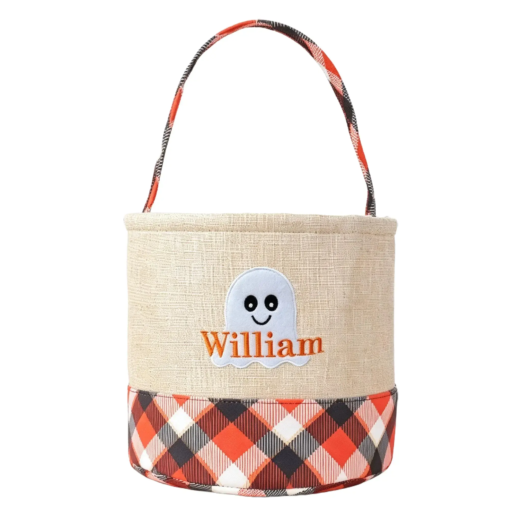 Cute Smiling Ghost Linen Halloween Handheld Basket, Buffalo Plaid Trick-or-Treat Candy Bucket, Reusable Storage Basket, Indoor Outdoor Home & Party Halloween Decoration for Kids