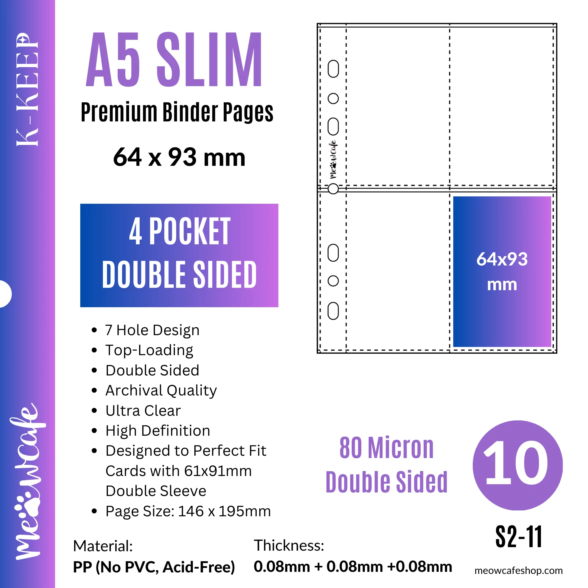 K-KEEP [A5 Slim] 4 Pocket - 63x93mm Double Sided Page. 7 Holes Premium Binder Pages, Double Sleeve Perfect Fit, 100 Micron Thick, High Definition (Pac