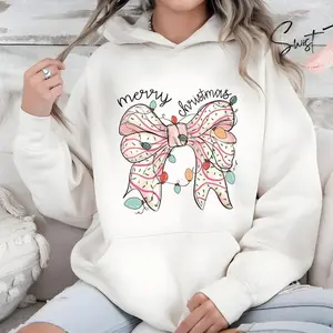 Merry Christmas Sweatshirt, Bright Xmas Bow Hoodie, Pink Holiday Festive Bow Lights Pullover Cute Jolly Tee Merry Christmas Mom Crewneck