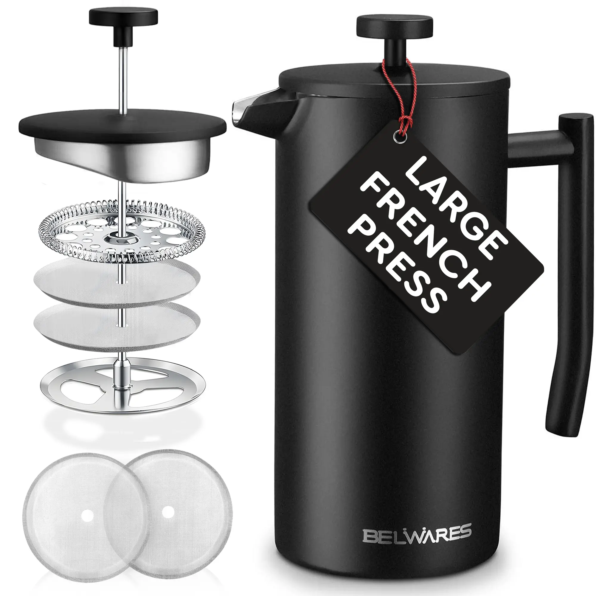 Matte Black Stainless Steel French Press Coffee Maker  50oz | Double Layer  Insulated Coffee Press with 4-Level Filtration  Rustproof & BPA-Free  Modern Espresso & Coffee Brewer  Makes 12 Cups - TikTok Shop