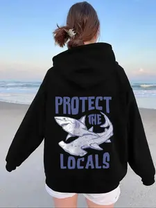 Women's Shark & Letter Print Drop Shoulder Fleece Hoodie, Fashion Casual Drawstring Pocket Hooded Sweatshirt for Daily Holiday Outdoor Wear, Women Clothing for Fall & Winter