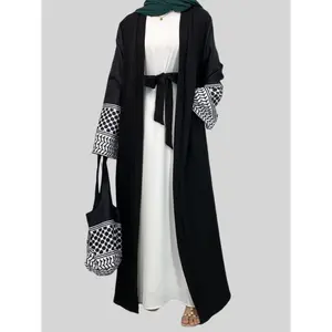 1452# 2 PCS set Open Abaya With Crossbody Bag Palestine-Inspired Printed Soft Linen Keffiyeh for Women Muslim 2025 Eid