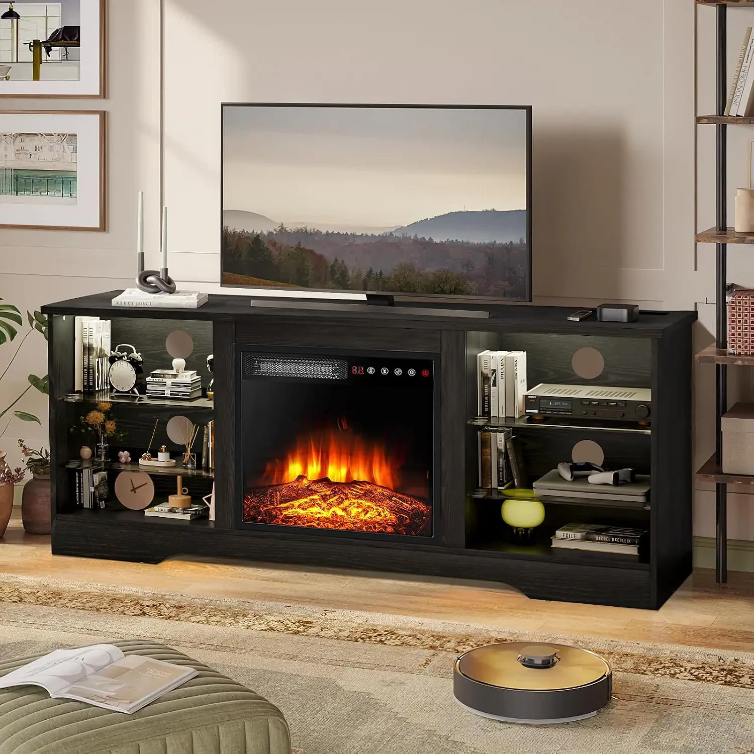 PUKAMI Fireplace TV Stand with 18" Fireplace for Living Room,58" Led Entertainment Center with Fireplace & Storage,Modern TV Console Cabinet for TVs Up to 65" with Adjustable Glass Shelves,dorm essentials,home decor
