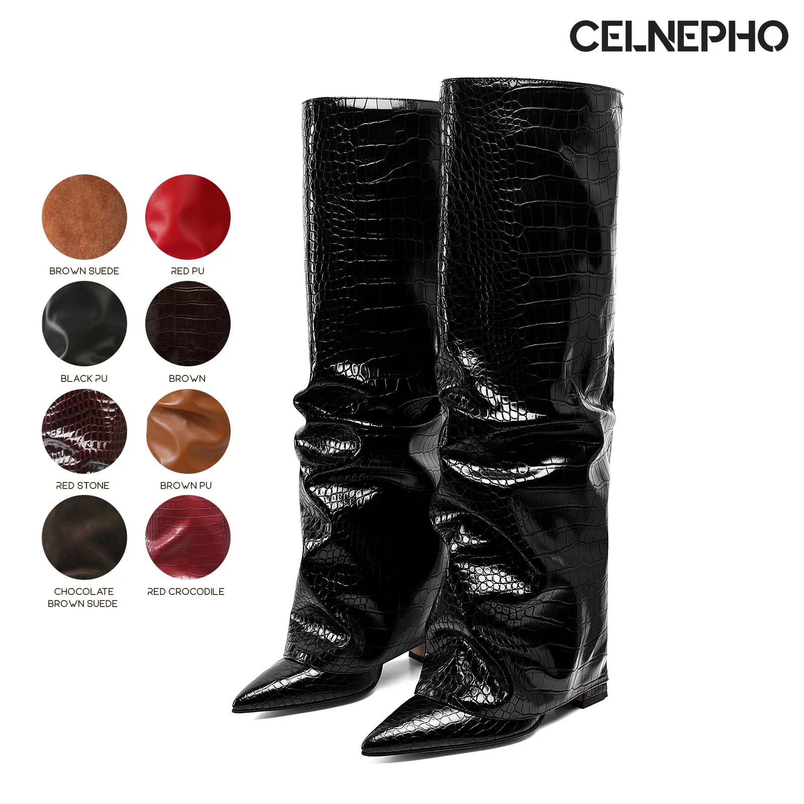 CELNEPHO Knee High Boots for Women Fold Over Slouchy Boot Pointed Toe Chunky Block Heel Comfy Easy Pull on Party Wedding Travelling Date Work Casual Outdoor Nightclub Gifts Dailywear Ruched Trendy Fall Fashion Long Tall Dressy Shoes