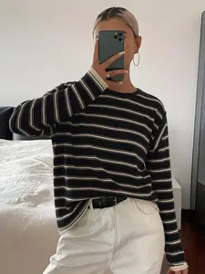 Women's Knitted Sweater, Womenswear Knitwear Fashion Casual Loose Drop Shoulder Long Sleeve Round Neck Striped Colorblock Pullover Top