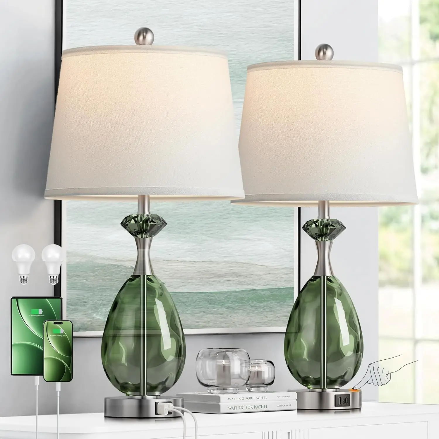 Coastal Glass Table Lamps Set of 2, 3-Way Dimmable Touch Control Nautical Lamp with USB A+C Ports,Bedside Lamp Beach Decor,Nightstand Lamp with White Shade for Living Room Bedroom(LED Bulbs Included)