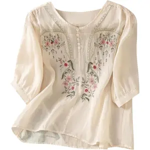Women’s floral embroidered cotton linen shirts and blouses, boho ethnic peasant style, 3/4 sleeves, V-neck, buttoned tunic T‑shirt tops, womenswear