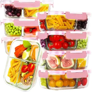 8 Pack Glass Meal Prep Containers 3 Compartment, 36oz Glass Food Storage Containers with Lids, Airtight Glass Lunch Bento Boxes, BPA-Free & Leak Proof (8 lids & 8 Containers) - Pink