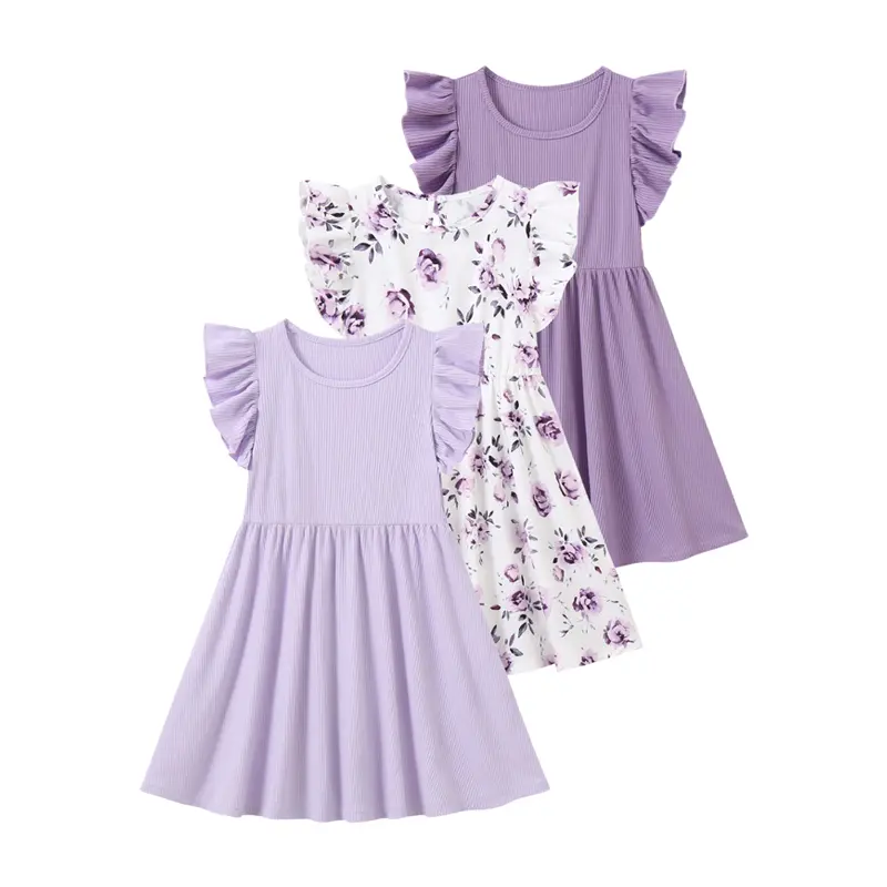 3-piece set of girls' summer versatile dresses, solid colors and floral patterns, various styles for everyday wear, flutter sleeves, round neck, cute kids' princess dress