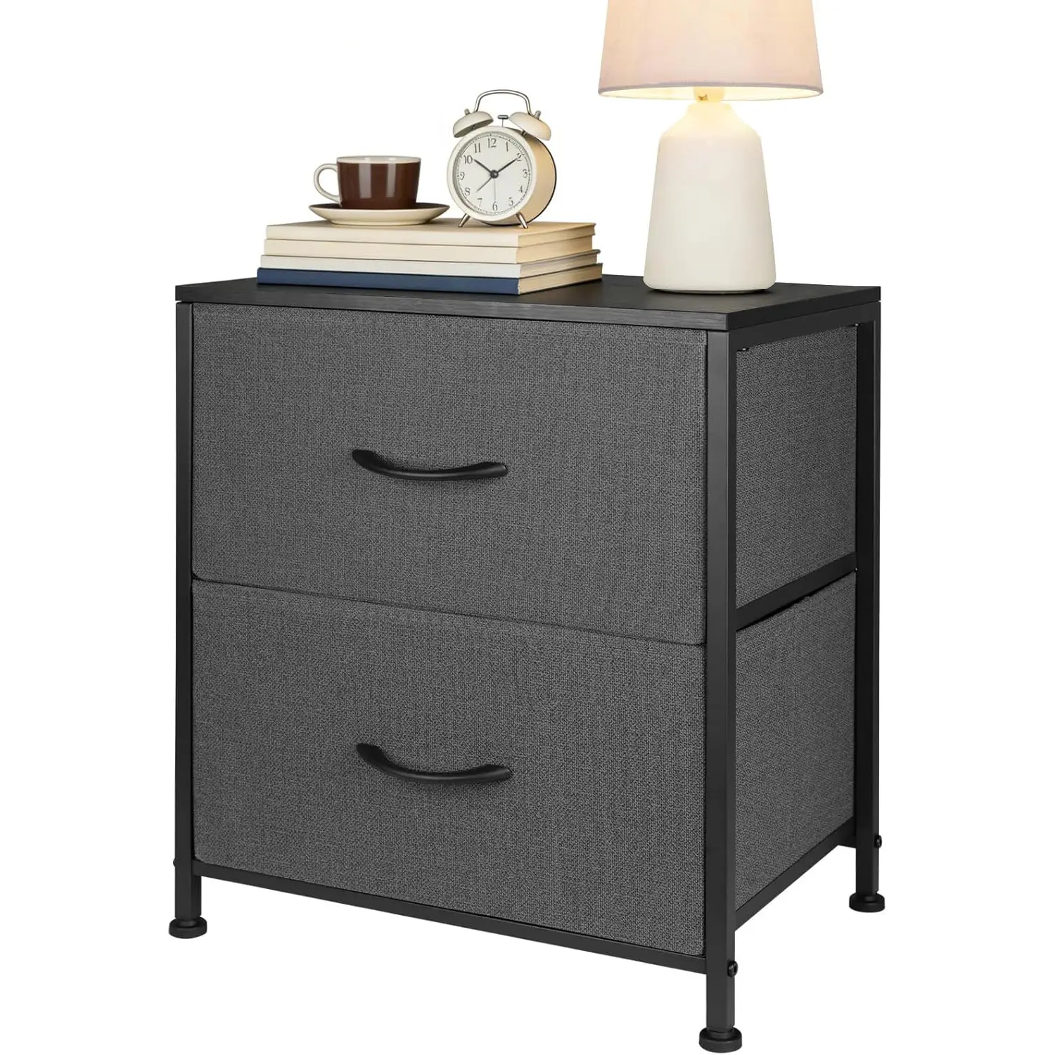 Fabric Nightstand for Bedroom, Small Dresser with 2 Drawers, Night Stand Bedside Table with Wood Top, End Table for Small Space, Apartment, Hallway, Entryway, Metal Frame Grey