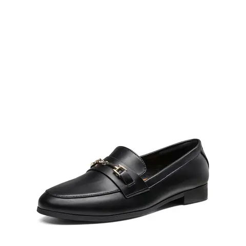 Dream Pairs Women's Classic Business Slip-On Loafers - Black Flat Shoes, Brown PU Stone Grain Upper, Closed-Toe, Metallic Accent, Latex Cushion, TPR Outsole, Work-Casual Office Commute Footwear