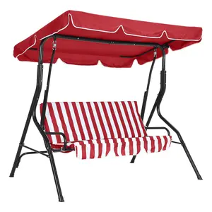 Outdoor Porch Swing Chair with Adjustable Canopy for Adults, 3-Seat Patio Glider Bench with Thick Cushions, Steel Frame Outdoor Swing Chair for Backyard Lawn Garden,Red&White