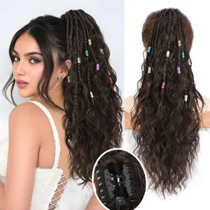 Summer Vibes Braided Ponytail Extension, 20 Inch Curly Claw Clip in Hairpiece, Fluffy Synthetic Braids Pony Tail Hair Extensions for Women Daily Party Holiday