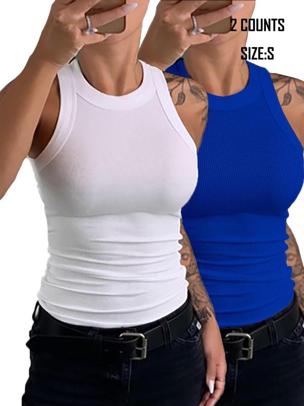 2 Counts Women's Solid Round Neck Tank Top, Casual Sleeveless Top for Summer, Ladies Clothes for Daily Wear 2 Counts Women's Solid Round Neck Tank Top, Casual Sleeveless Top for Summer, Ladies Clothes for Daily Wear