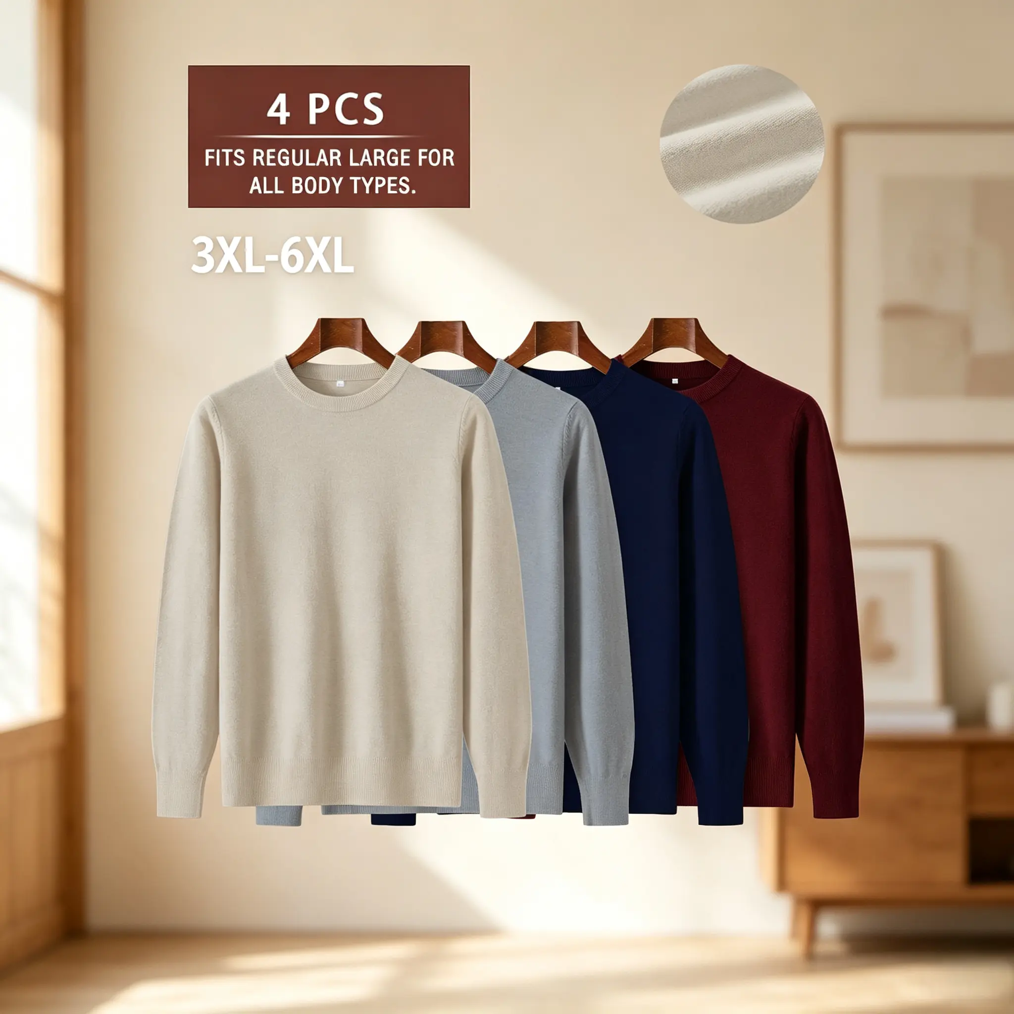 Men’s 4 Pack Premium Soft Knit Crew Neck Pullover Sweaters, Well-Crafted Solid Long Sleeve Business Casual Layering Tops, Plus Sizes 3XL-6XL
