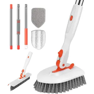 【Dealsforyoudays】4-in-1 Floor Scrub Brush with Long Handle, Double-Sided, Heavy-Duty Stiff Bristles & Squeegee – Scrape & Scrub for Shower,Kitchen, Wall & Deck ,Car Window Cleaner Kit Extendable Handle Windshield Cleaning Tool– Home Cleaning Essentials