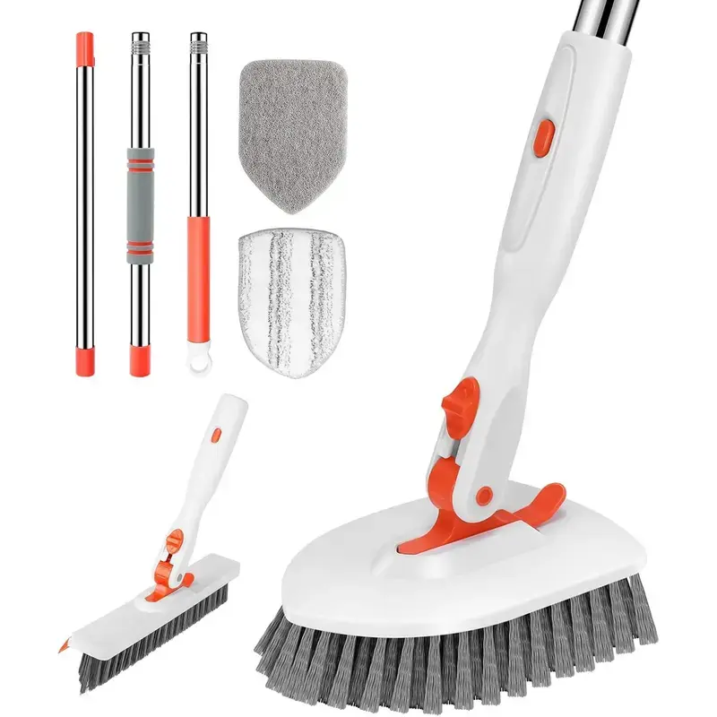 【Dealsforyoudays】4-in-1 Floor Scrub Brush with Long Handle, Double-Sided, Heavy-Duty Stiff Bristles & Squeegee – Scrape & Scrub for Shower,Kitchen, Wall & Deck ,Car Window Cleaner Kit Extendable Handle Windshield Cleaning Tool– Home Cleaning Essentials