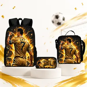 CR7 Football Printed 3PCS Backpack Set 17 Inch Soccer School Backpack with Shoulder Bag & Pencil Case Lightweight Bookbag Travel Daypack for Boys Girls Teens Back to School Football Fan Gift