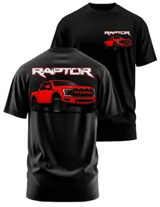 Ford Raptor 2025 Truck T-Shirt for Men - Premium Black Graphic Tee with Red Off-Road Pickup Design, 2-Sided Print, Car Enthusiast Apparel Gift