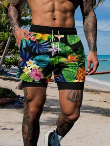 Men's Tropical Floral Pineapple Double Layer Beach Shorts, Quick Dry, Anti-Slip, Drawstring Waist, Casual Summer Swimwear