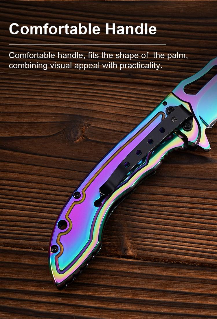 Portable EDC multifunctional tactical outdoor colorful folding knife and pocket knife. All-steel construction with a quick-opening design; outdoor cutting tool designed specifically for climbing and fishing; an essential item for camping and hiking.