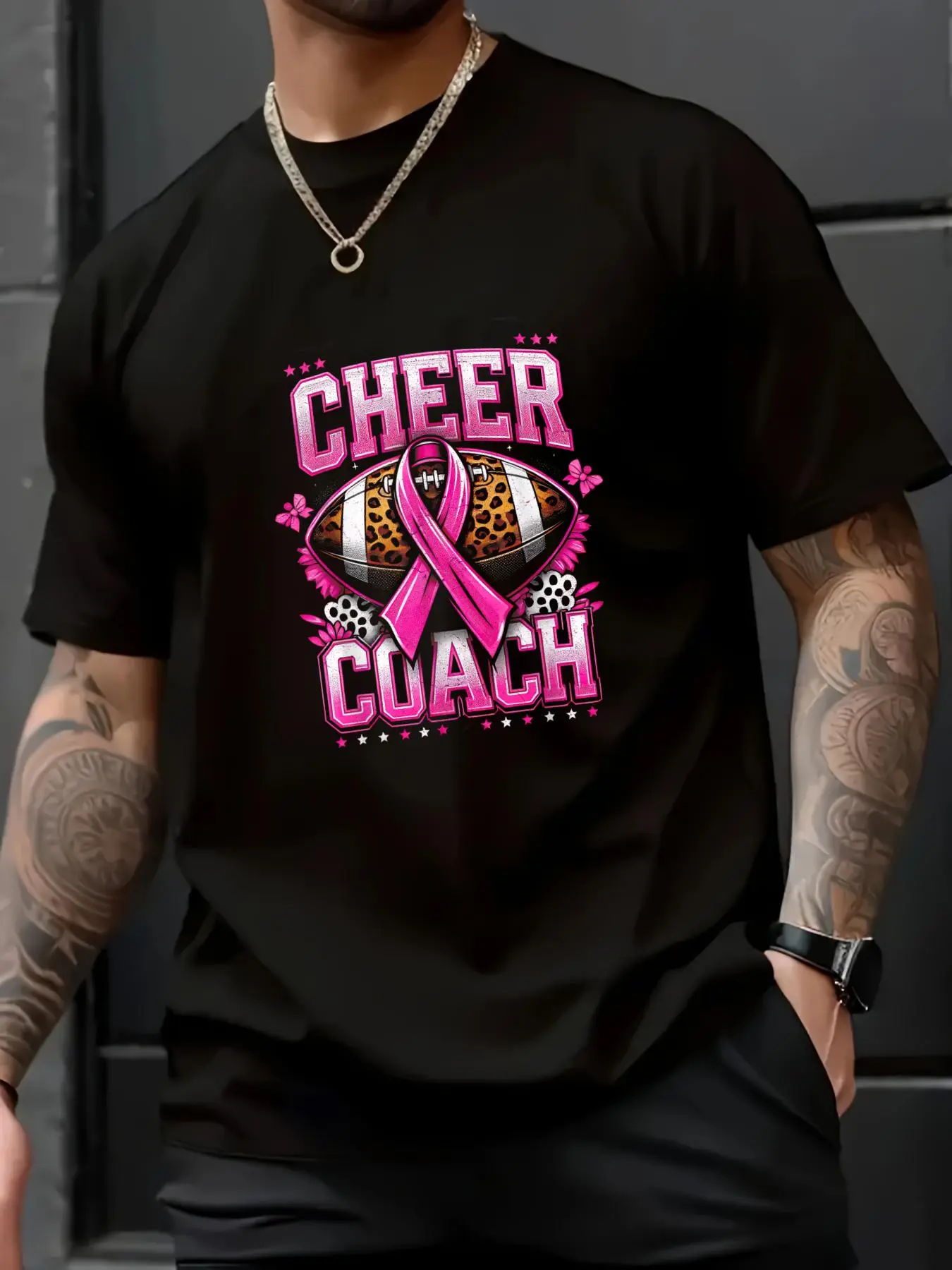 100% Cotton Unisex Women’s Football Cheer Coach T-Shirt – Pink Ribbon Awareness Design – Vintage Vibe, Trendy Graphic, Holiday Gift Ready