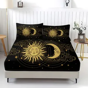 Golden Sun Moon Printed Cartoon Pattern Bed Sheet, Comfortable Printed Pattern, Includes 1 Bed Sheet and 2 Pillowcases, Comfortable Bedding, Non slip Dust Cover Suitable for Bedroom and Guest Room, Suitable for Children and Adults as Gifts