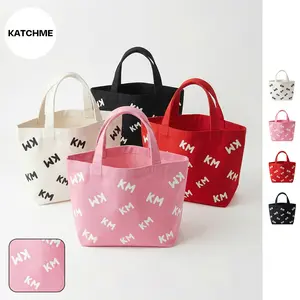 KatchMe Women's Classy KM Letter Print Top Handle Bag, Versatile Color Matching Clutch Bag, Lightweight Open Top Tote Bag, Fashionable Shopping Bag