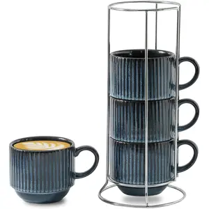Coffee Cups Set of 4 with Stand, 15 OZ Stackable Coffee Mugs with Handle for Tea, Cocoa, Cappuccino, Latte and Americano, Porcelain Vertical Stripe Coffee Cups for Men and Women, Navy