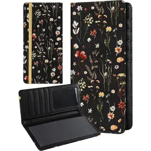 Checkbook Cover for Personal Duplicate Checks - Women Check Book Wallet Holder Black Flowers Top Side Tear