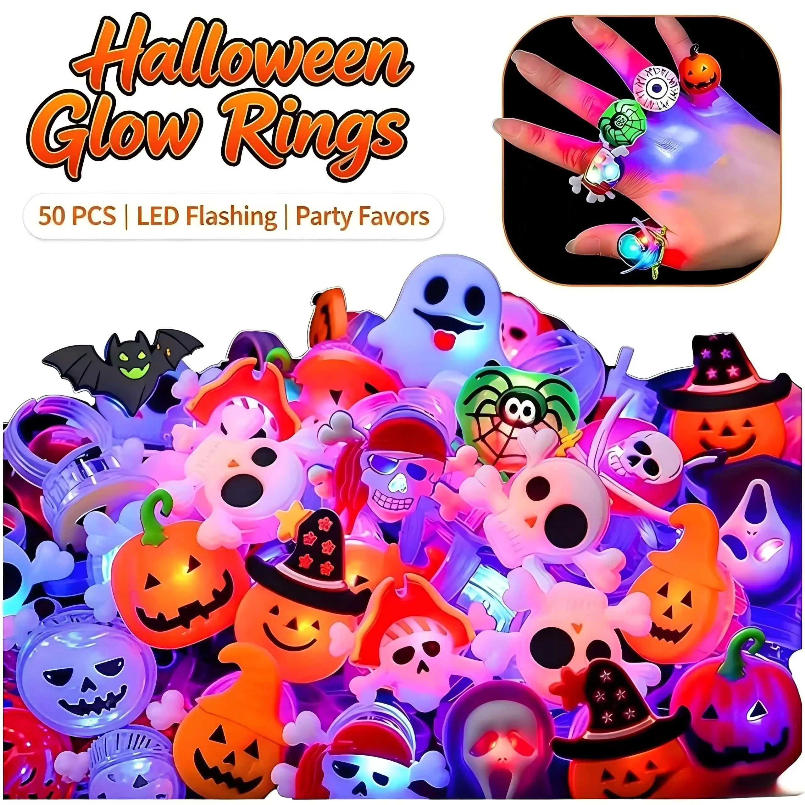 50Pcs LED Halloween Glowing Ring Set - Pumpkin Skull Themed Favors, Scary Props for Parades, Festive Home & Party Supplies Gift