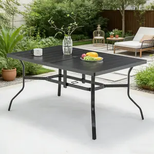 Outdoor Dining Table for 6, Powder-Coated Steel Slat Top with 2.16" Umbrella Hole, Anti-Slip Pads, E-Coating Frame, All-Weather Black Patio Table for Garden, Poolside, Backyard