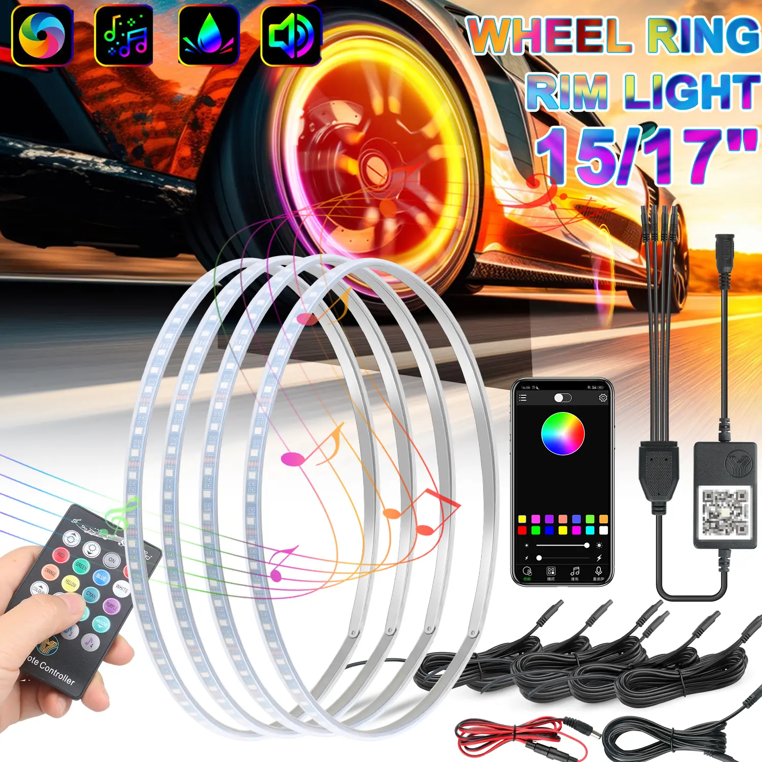 17/15inch 4PCS RGB LED Wheel Ring Lights, Chases Dancing Color Lights ,APP & Remote Control For Truck Car